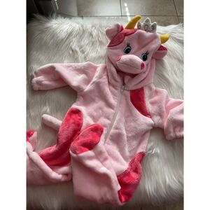 Baby Pink Cow Animal Halloween Costume Hooded Romper Jumpsuit Crown Sz 9-12M